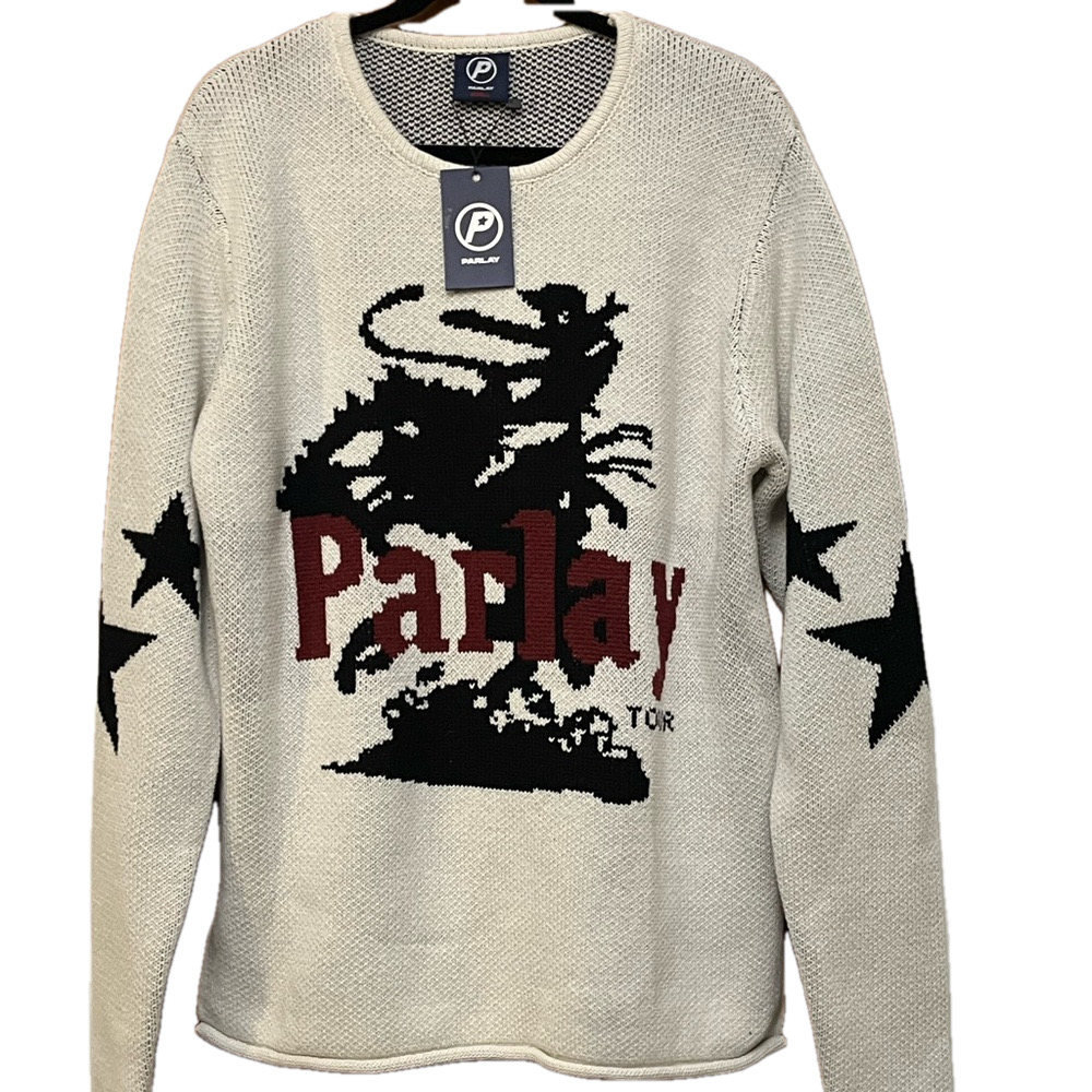 🆕.  Parlay Men’s Cream Sweater with Black and Red Design S.              EB